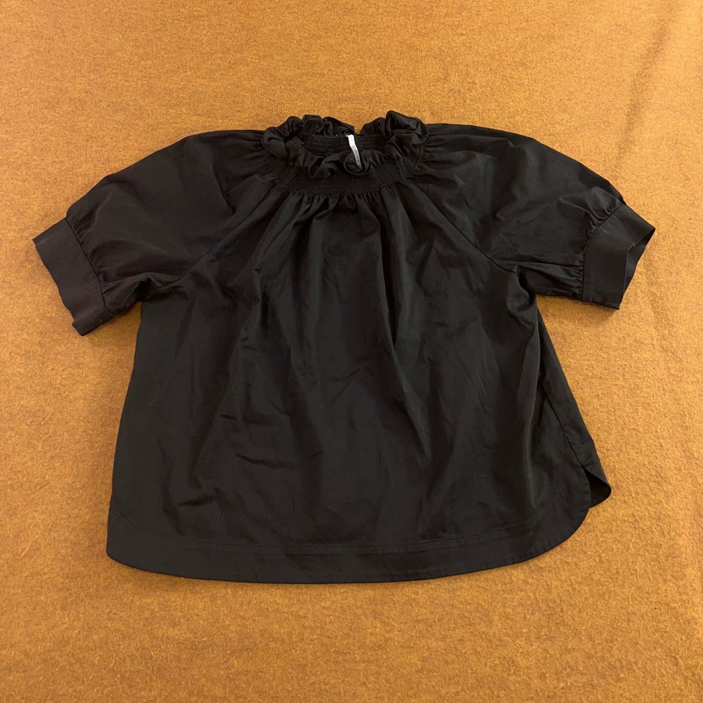 Seaside Tones Womens OS Black Smocked Ruffle Neck Cotton Blend Blouse Top